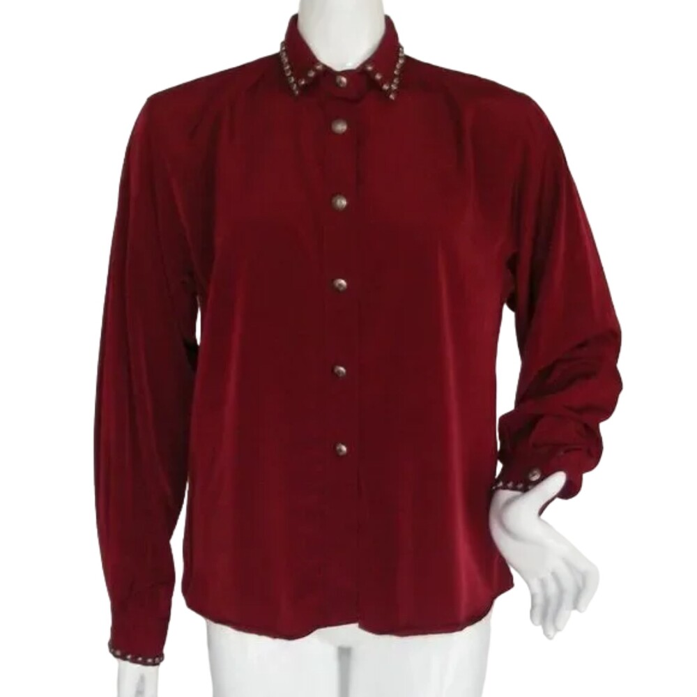 SILVER RIVER Blouse, M, Rayon, Studs, Burgundy, Long sleeves, Button front